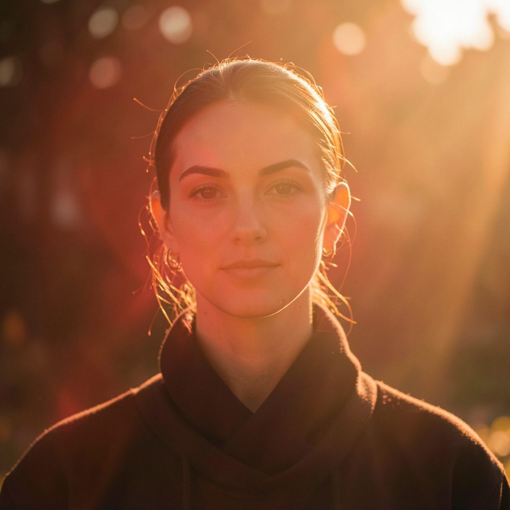 Fotografía cálida de un robot de cocina moderno sobre una encimera iluminada por luz dorada de atardecer